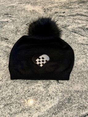 New Custom Designed Black Slouchy Pom Beanie with Black & Silver Checkered Heart